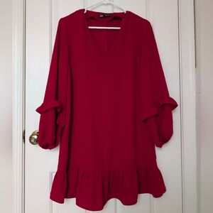 Zara Vibrant Light Red Dress with Ruffle Trim